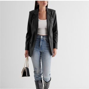 Faux Leather One Button Cinched Boyfriend Blazer